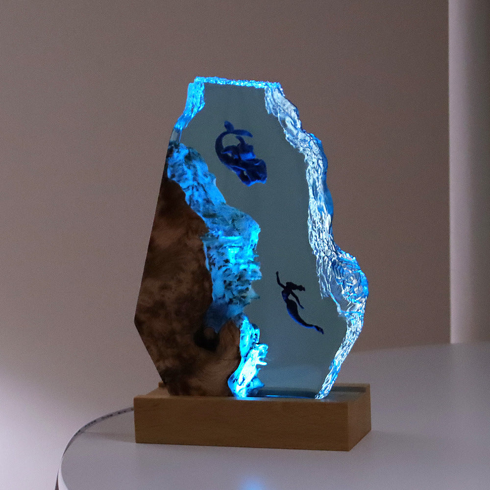 TESTING Home Ornament Whale Diver Art Decoration Solid Wood Resin Night Light 940g