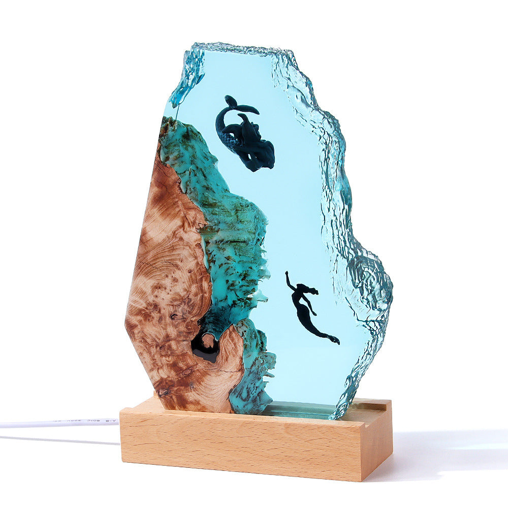 TESTING Home Ornament Whale Diver Art Decoration Solid Wood Resin Night Light 940g