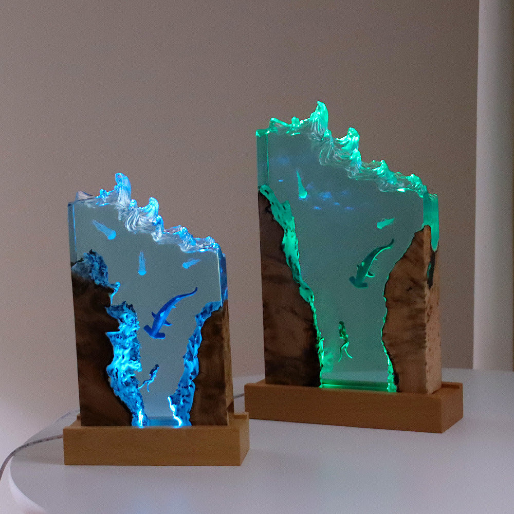 TESTING Home Ornament Whale Diver Art Decoration Solid Wood Resin Night Light 940g