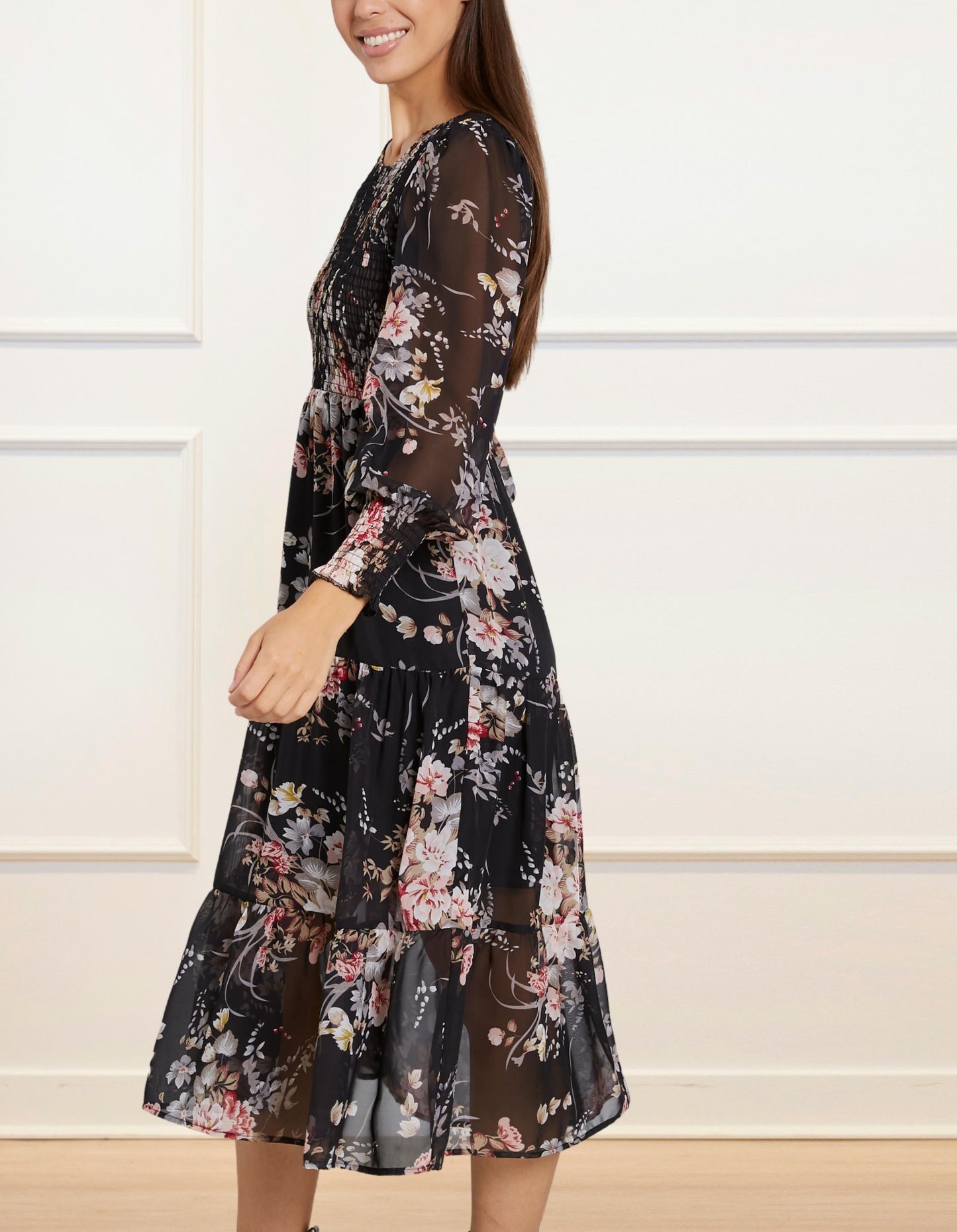 Sonia Midi Dress Tiered Elasticized Bust Flowers - armamenter