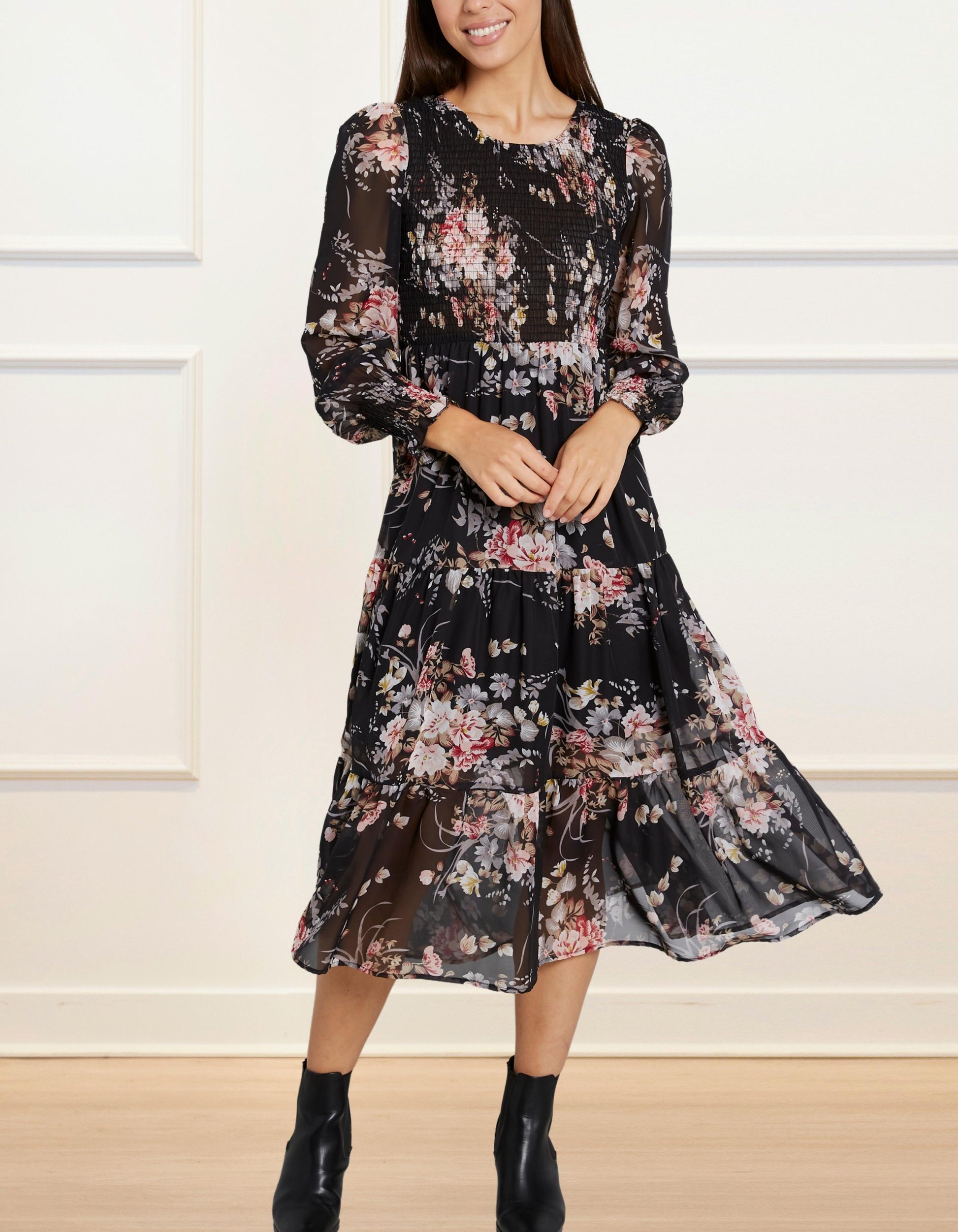 Sonia Midi Dress Tiered Elasticized Bust Flowers - armamenter