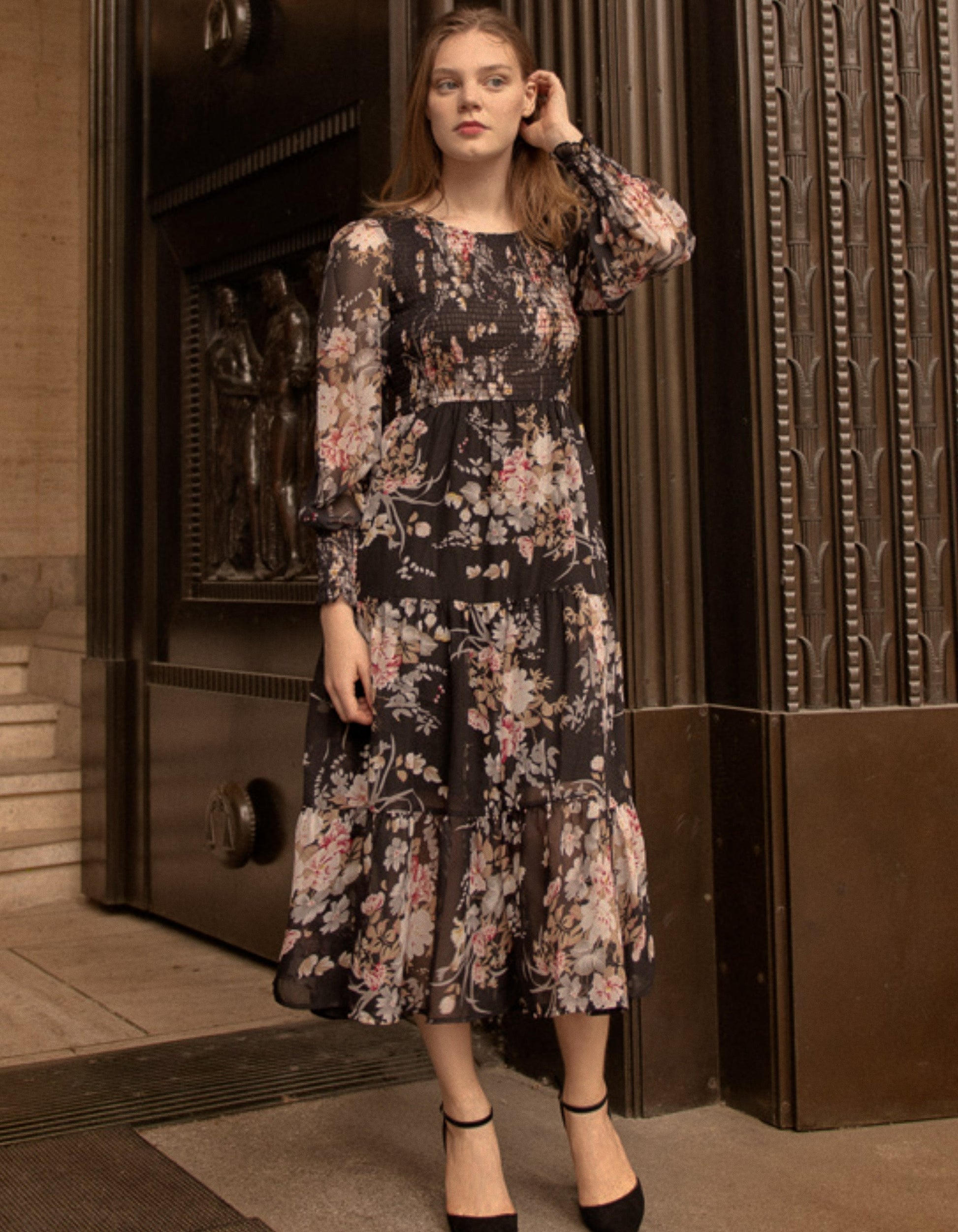 Sonia Midi Dress Tiered Elasticized Bust Flowers - armamenter