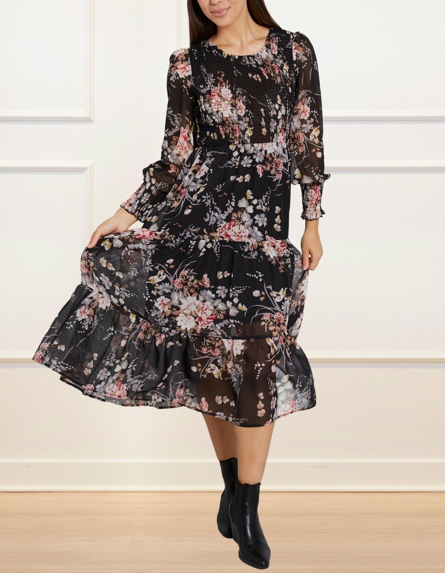 Sonia Midi Dress Tiered Elasticized Bust Flowers - armamenter