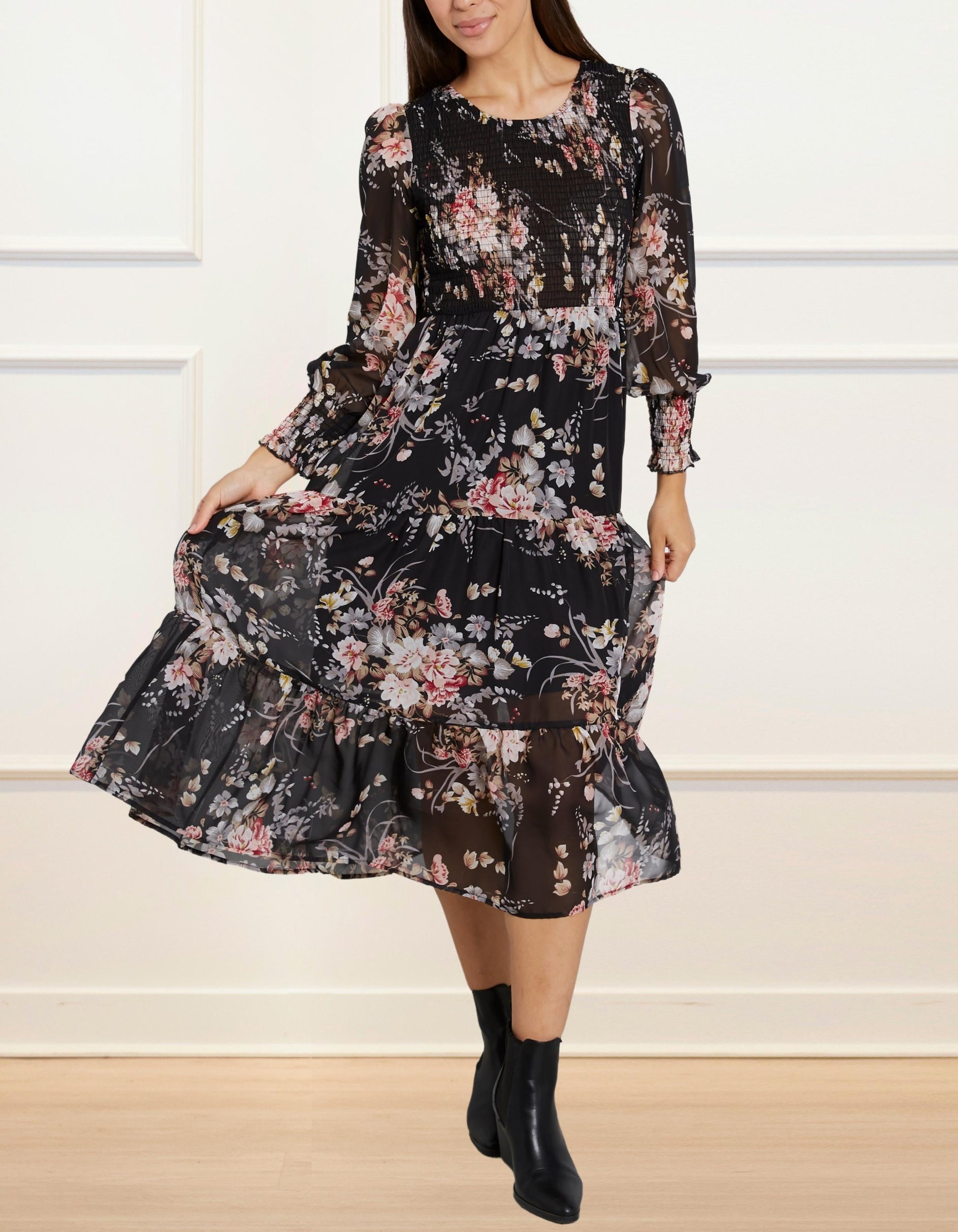 Sonia Midi Dress Tiered Elasticized Bust Flowers - armamenter