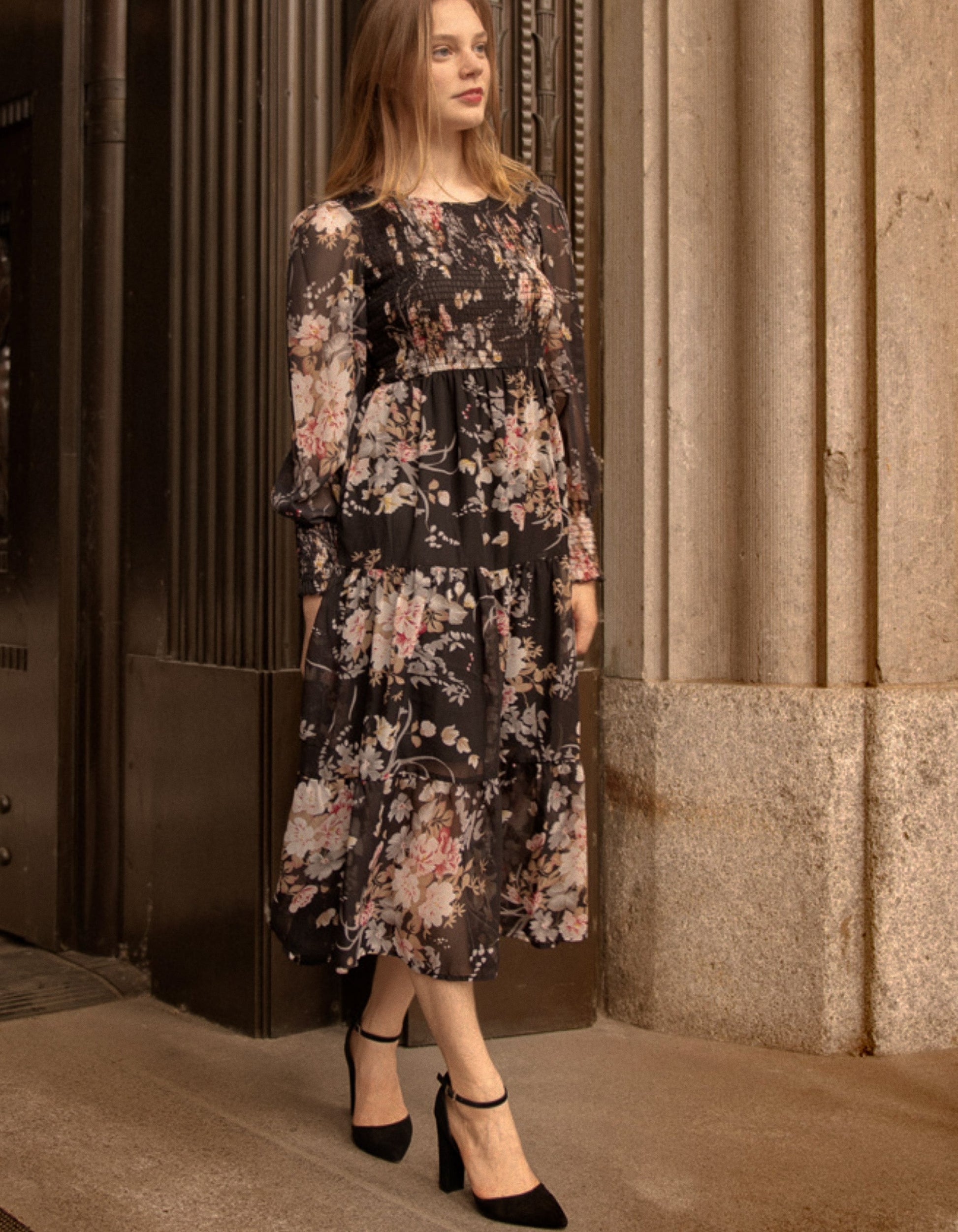 Sonia Midi Dress Tiered Elasticized Bust Flowers - armamenter