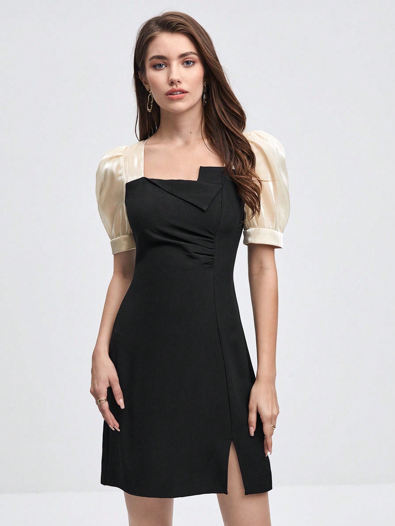 Colorblock Puff Sleeve Split Hem Dress - armamenter