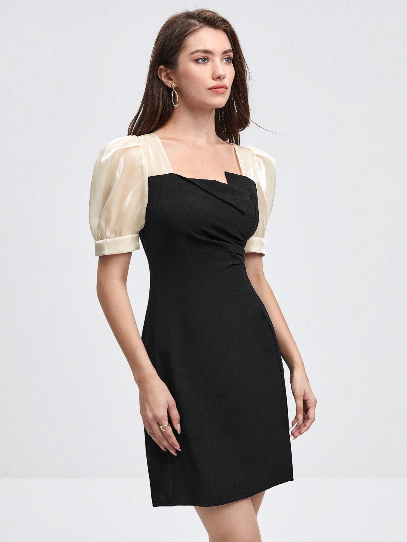 Colorblock Puff Sleeve Split Hem Dress - armamenter