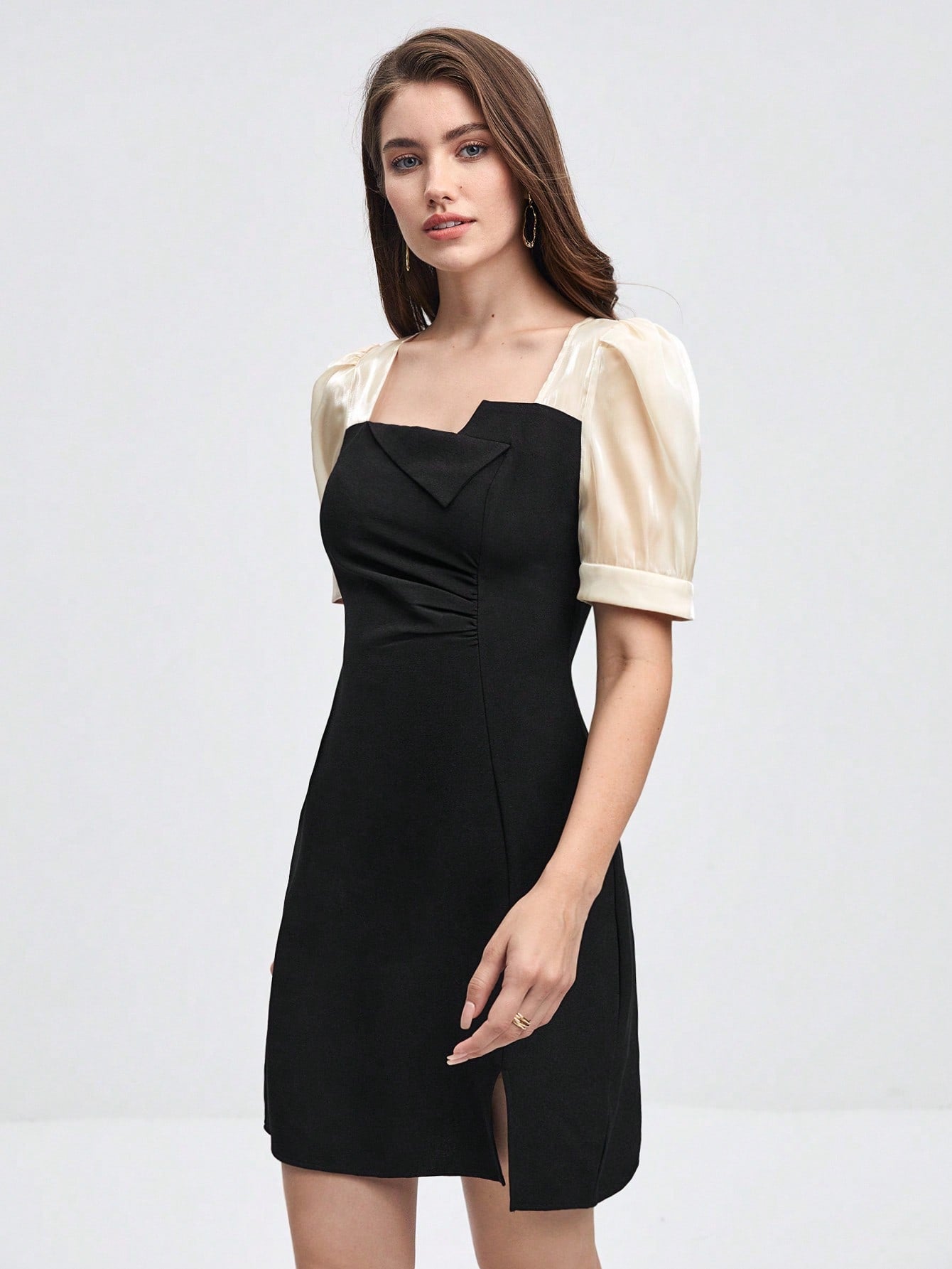 Colorblock Puff Sleeve Split Hem Dress - armamenter