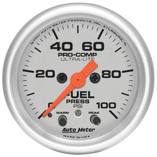 Autometer Ultra-Lite 52mm 0-100 PSI Fuel Pressure w/ Peak Memory Warning Gauge - armamenter