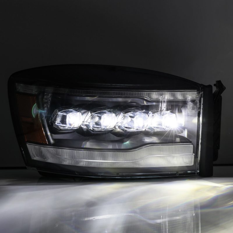 AlphaRex 06-08 Ram 1500HD NOVA LED Proj Headlights Plnk Style Alpha Blk w/Seq Signal/DRL/Amber LED - armamenter