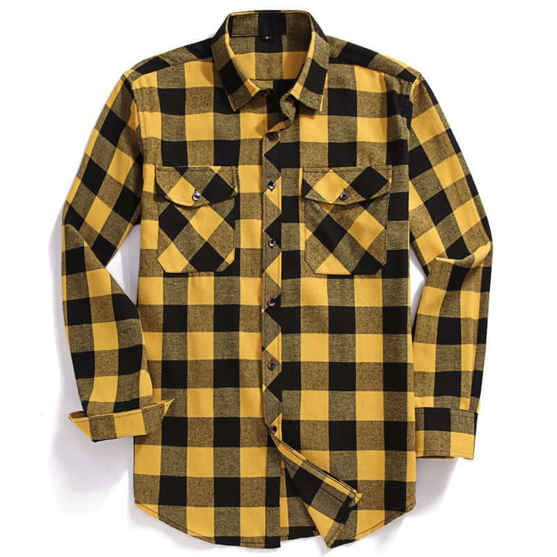 2022 New Men Casual Plaid Flannel Shirt Long-Sleeved Chest Two Pocket Design Fashion Printed-Button (USA SIZE S M L XL 2XL) - armamenter