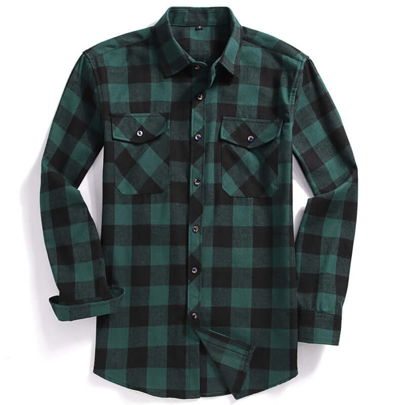 2022 New Men Casual Plaid Flannel Shirt Long-Sleeved Chest Two Pocket Design Fashion Printed-Button (USA SIZE S M L XL 2XL) - armamenter