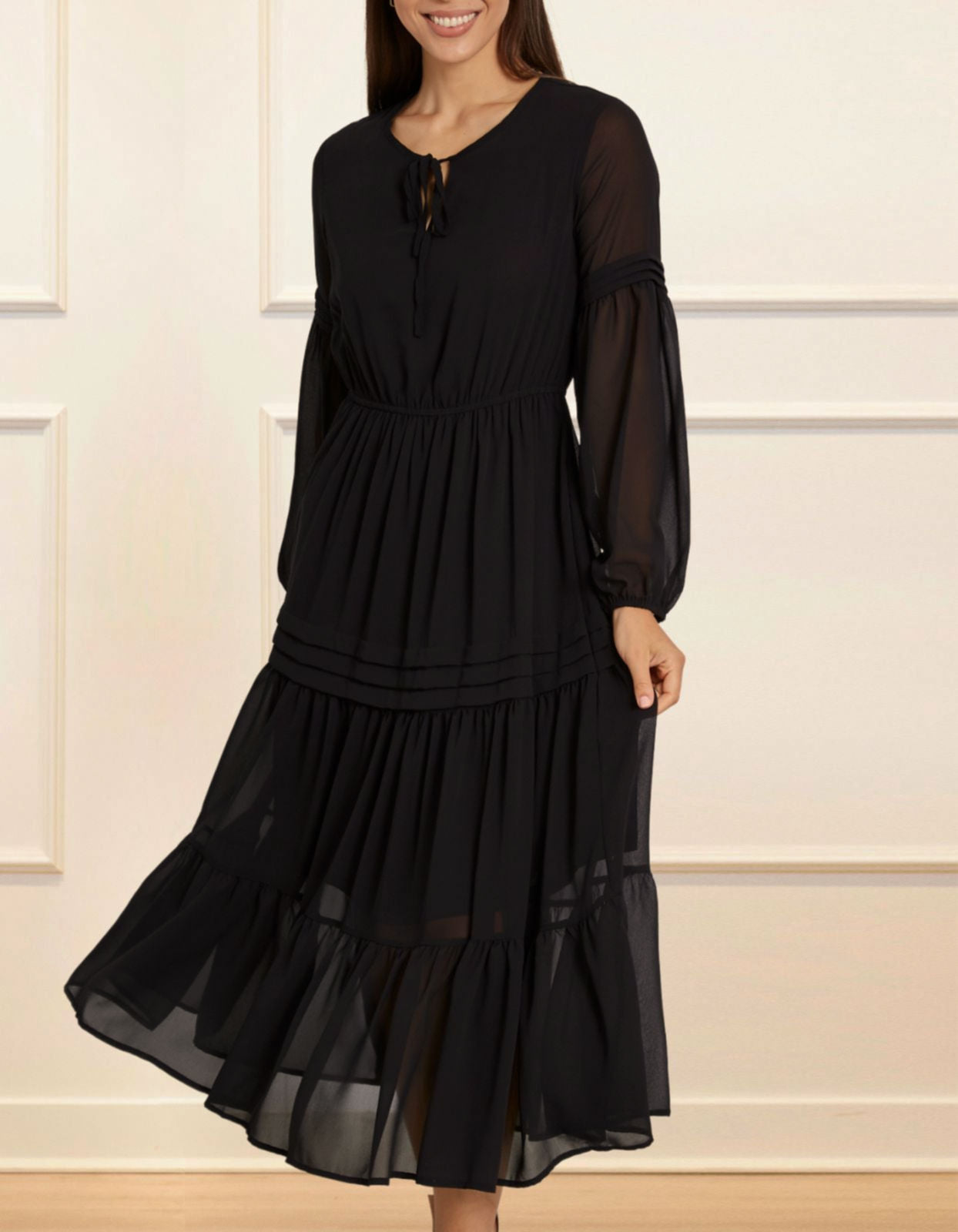 Raissa Midi Dress Tiered Solid black - armamenter