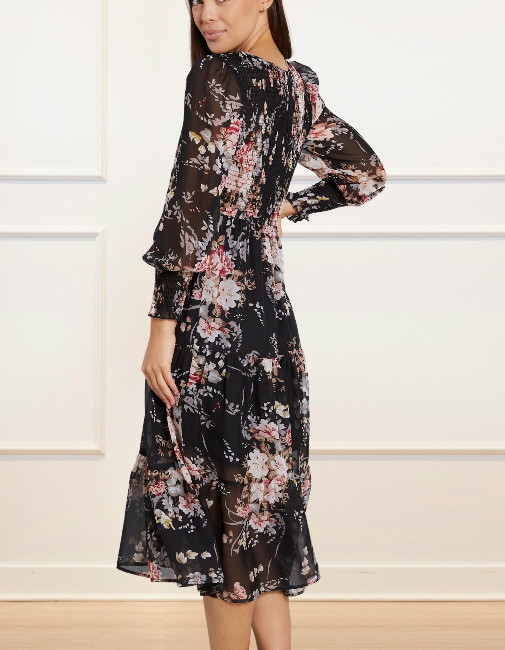 Sonia Midi Dress Tiered Elasticized Bust Flowers - armamenter