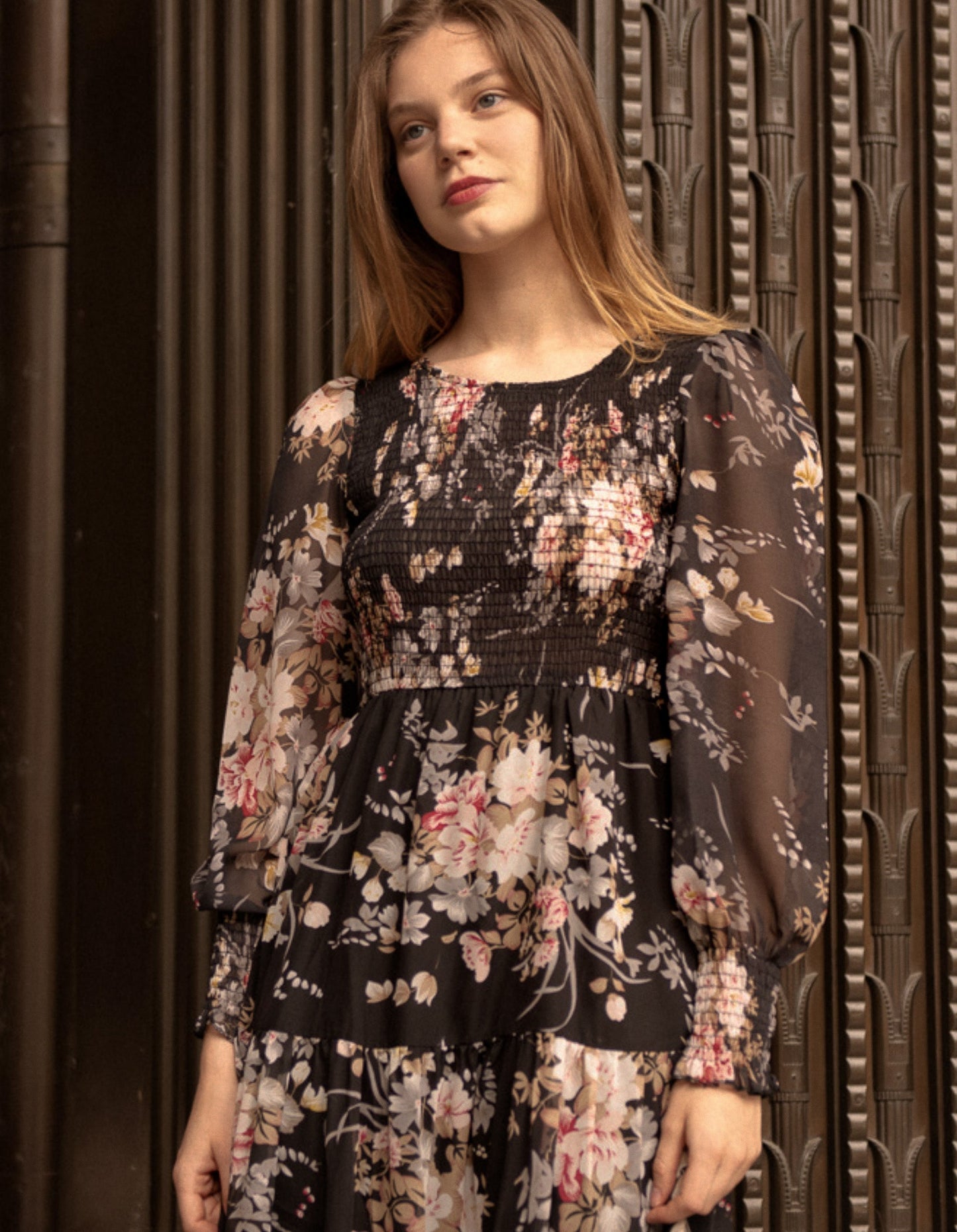 Sonia Midi Dress Tiered Elasticized Bust Flowers - armamenter