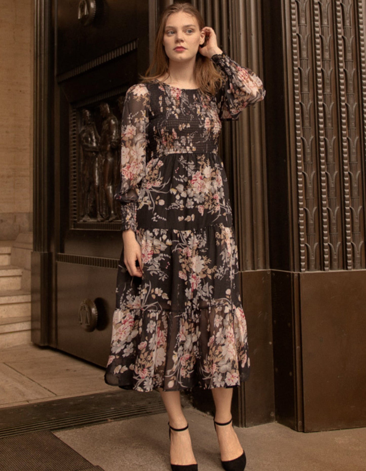 Sonia Midi Dress Tiered Elasticized Bust Flowers - armamenter