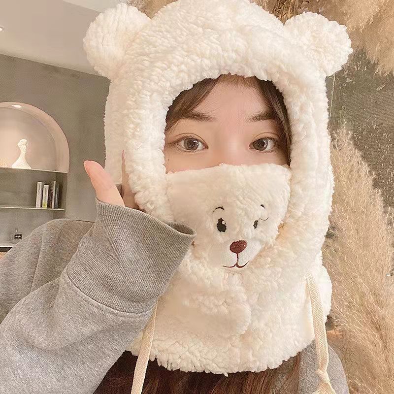 Korean version of the trend new lamb velvet mask hat scarf one cute bear ear protection warm ski hat female - armamenter