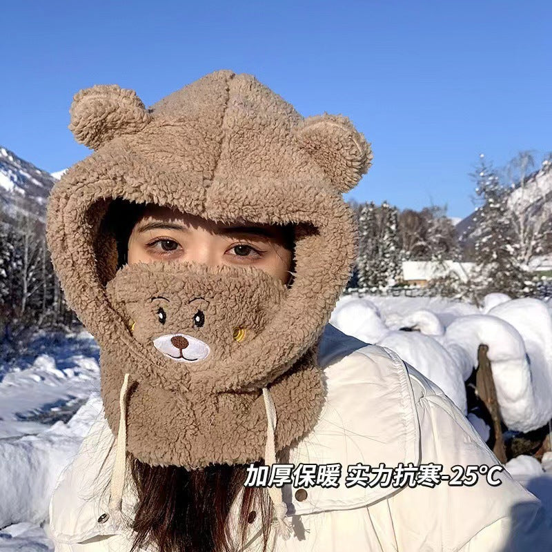 Korean version of the trend new lamb velvet mask hat scarf one cute bear ear protection warm ski hat female - armamenter