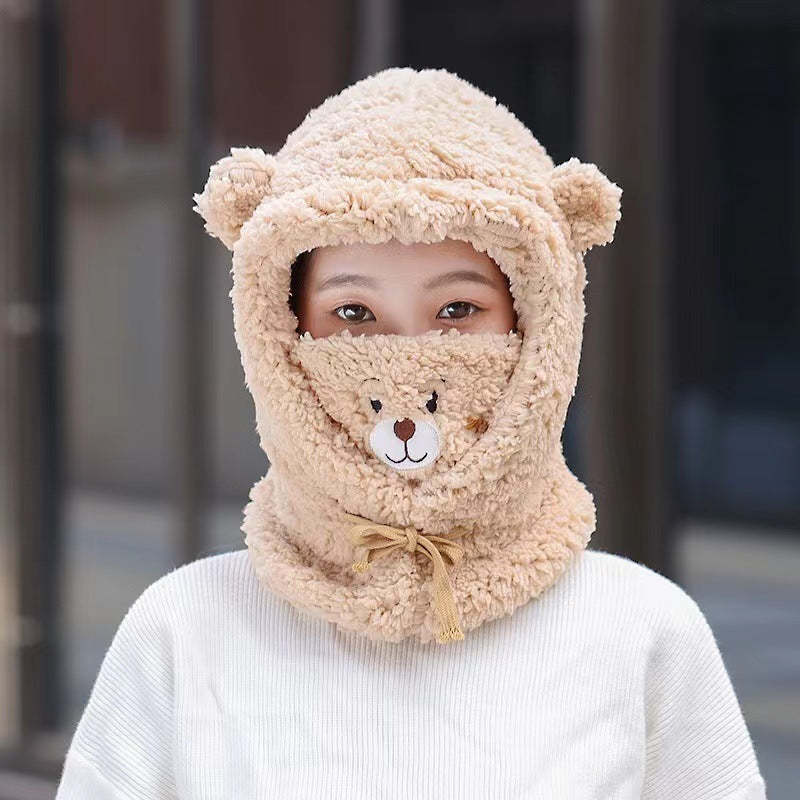 Korean version of the trend new lamb velvet mask hat scarf one cute bear ear protection warm ski hat female - armamenter