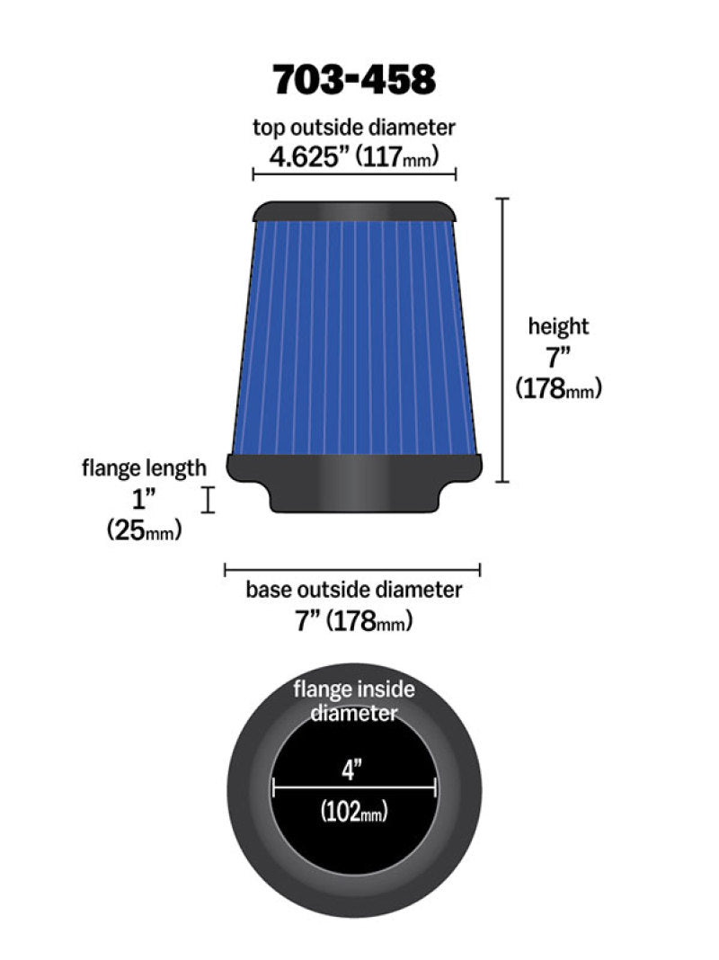 Airaid Universal Air Filter - Cone 4 x 7 x 4 5/8 x 7 w/ Short Flange - Blue SynthaMax - armamenter