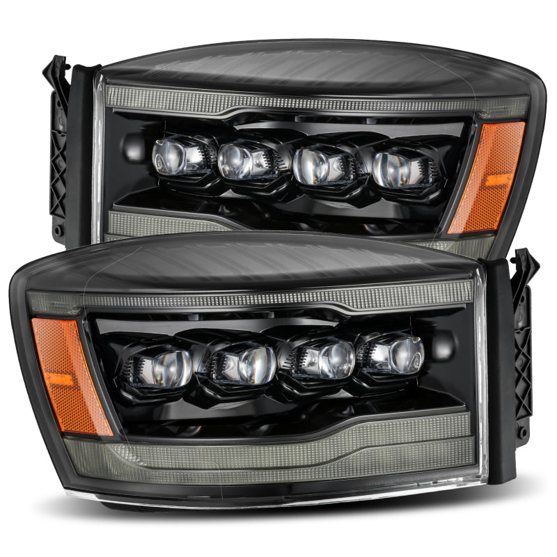 AlphaRex 06-08 Ram 1500HD NOVA LED Proj Headlights Plnk Style Alpha Blk w/Seq Signal/DRL/Amber LED - armamenter