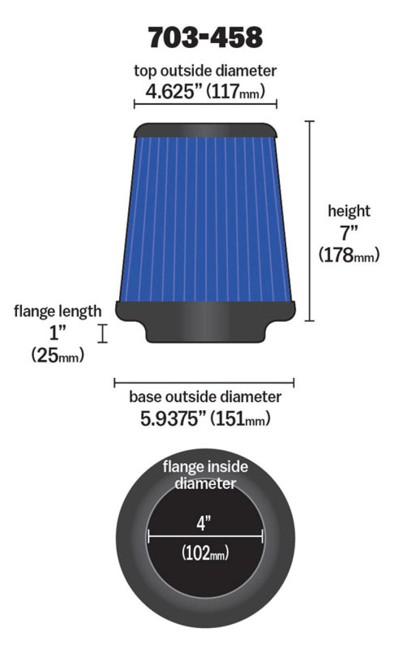 Airaid Universal Air Filter - Cone 4 x 7 x 4 5/8 x 7 w/ Short Flange - Blue SynthaMax - armamenter